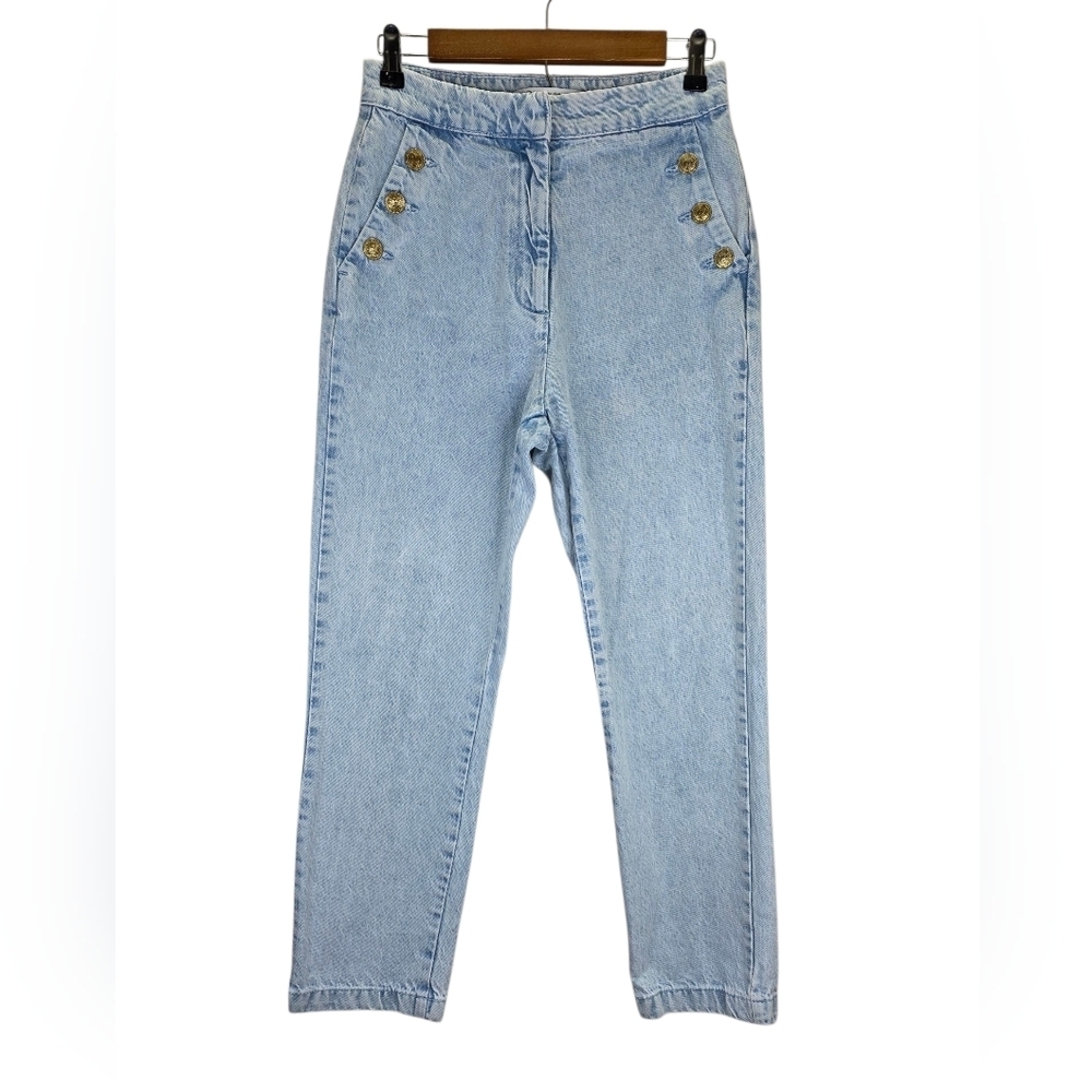 ZARA Saylor Gold Button High Rise Straight Light Wash Denim Jeans Cotton Size M